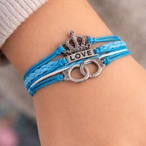 Blue Crown Love Child Bracelet Handcuff Charm Multi Strand